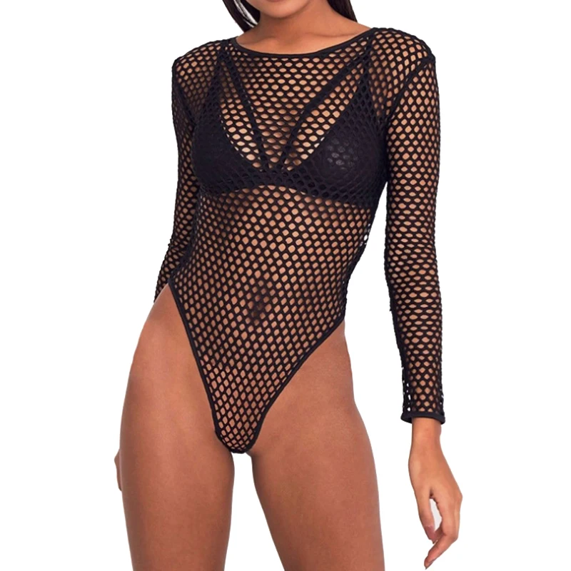 Женский Облегающий комбинезон FUNOC черный/белый с длинным рукавом сеткой на спине