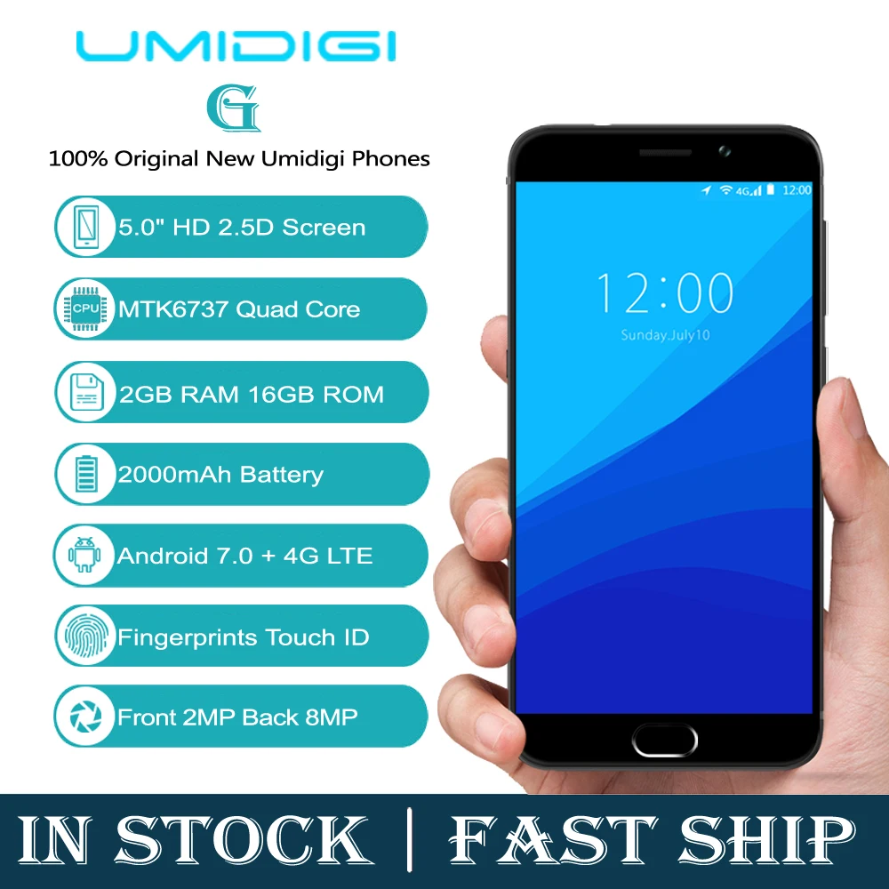 UMIDIGI G Android 7 0 смартфон MTK6737 четырехъядерный 5 дюймовый экран сотовый телефон 2G ram 16G