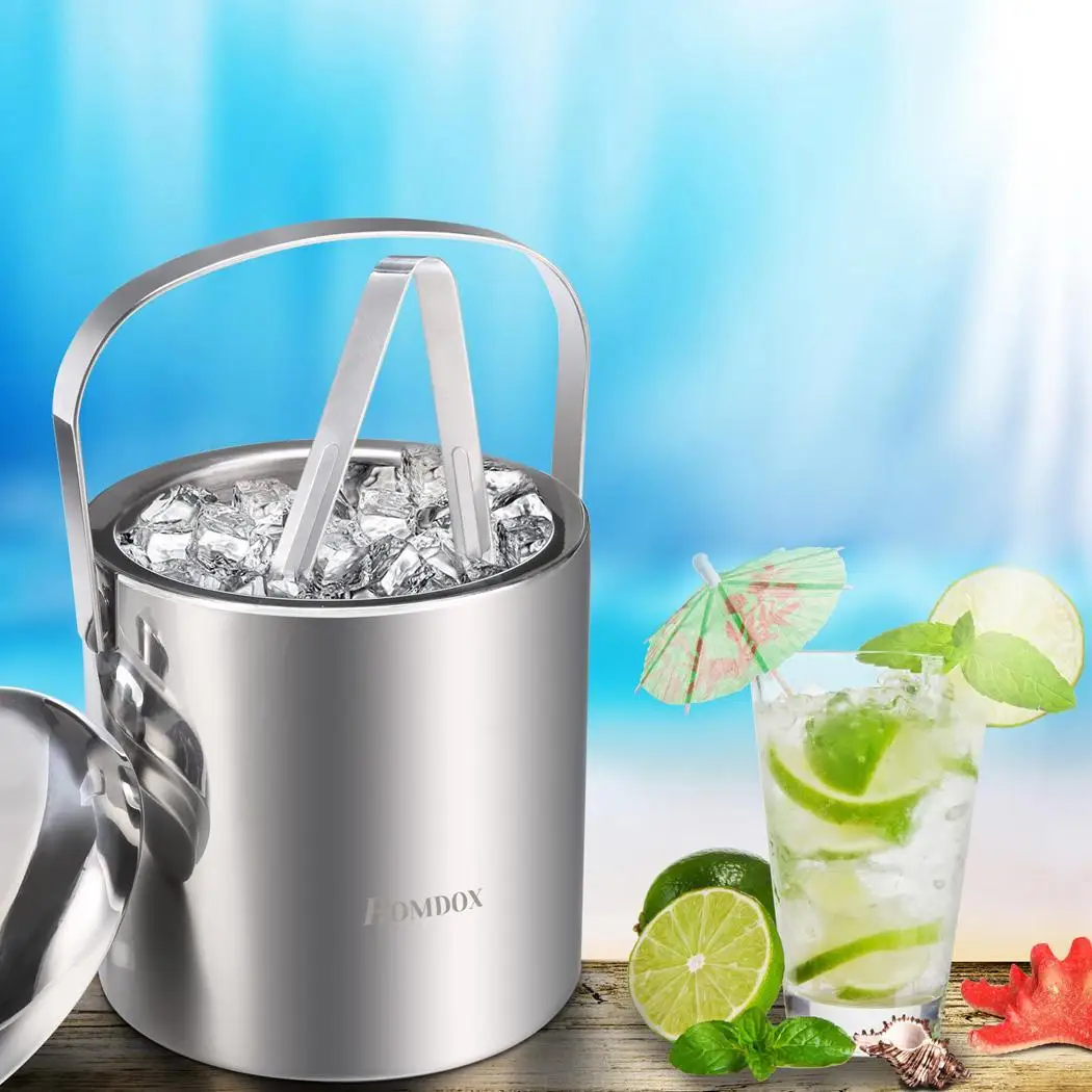 Homdox Stainless Steel Handle Ice Bucket Chrome Finish Thick Ice Pail with Tweezers