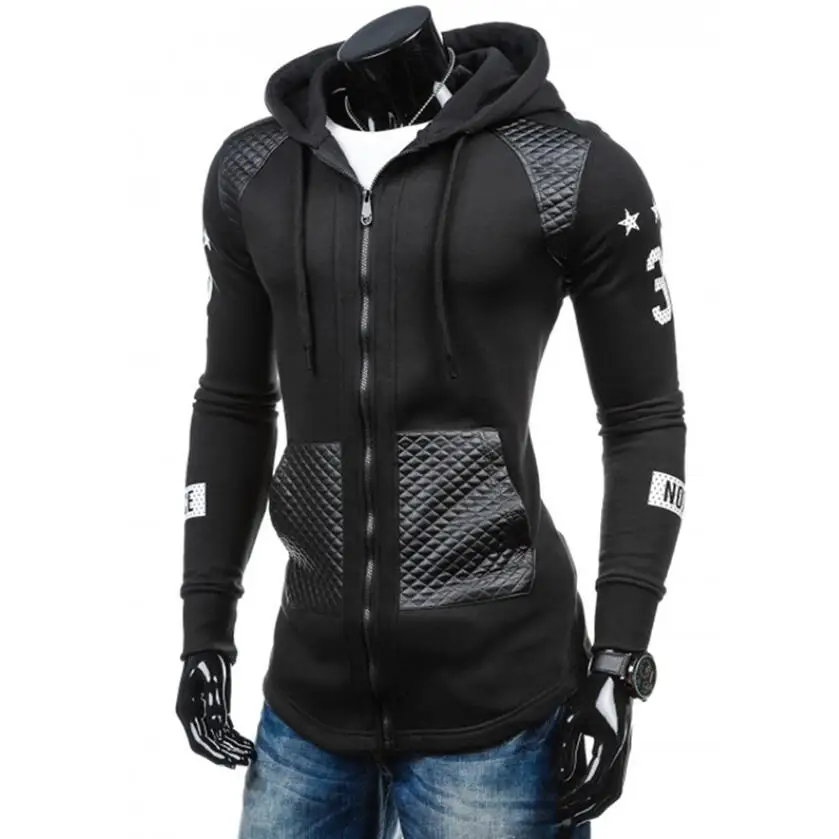 Men Hoodies Long Sleeve Sweatshirts 2019 Brand Fashion Casual Zipper Jacket Patch Leather Plus Size Streetwear Slim Fit Coat | Мужская