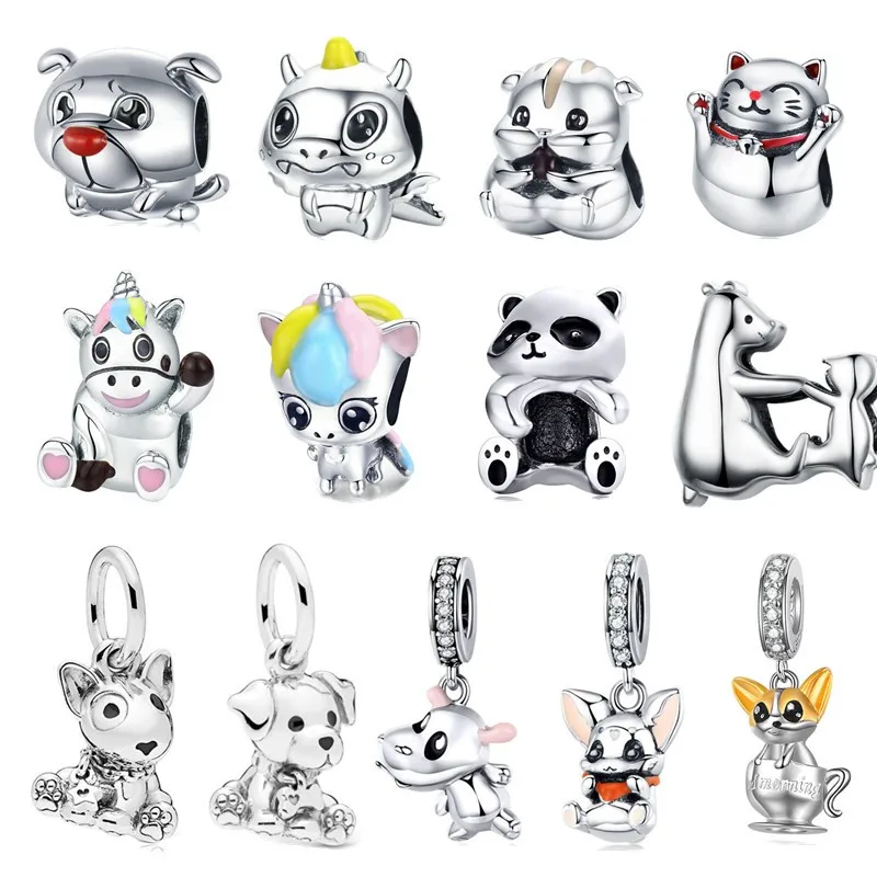 Подходит для браслета Pandora, серебро 925,, милая собака, медведь, единорог, подвески S925, сделай сам, мышь, кошка, панда, слон, бусины для изготовления ювелирных изделий