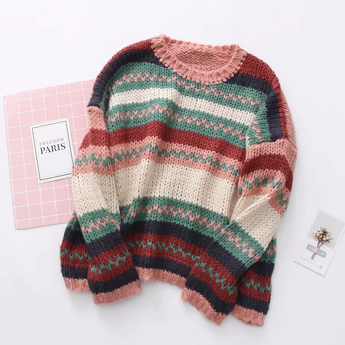 2019 Autumn/Winter New Loose Coarse Lazy Wind Sweater Female Thickened Color Striped Rainbow Women Pullovers | Женская одежда