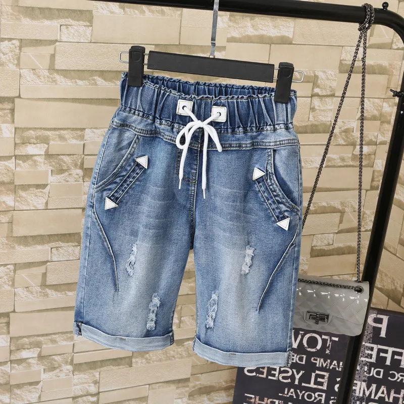 Женские летние джинсы капри Midi Короткие рваные джинсовые шаровары с широкими