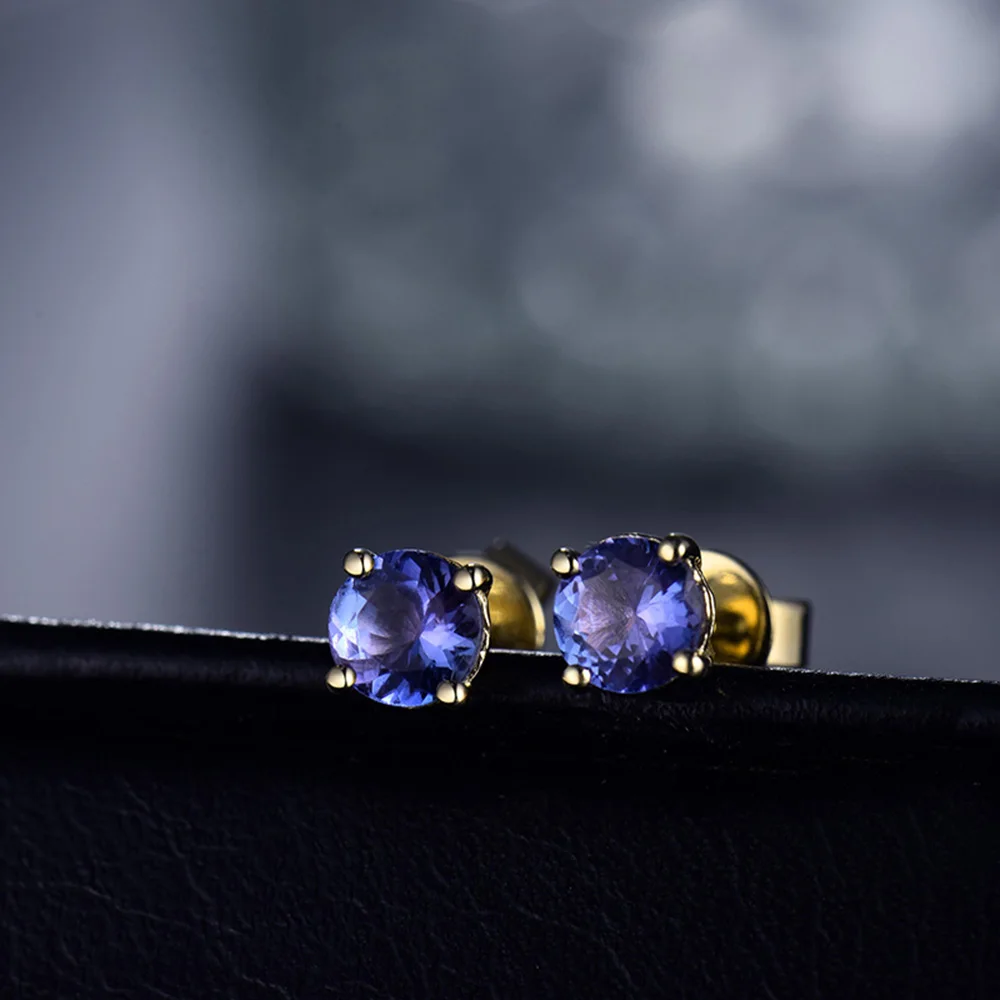LOVERJEWELRY, серьги-гвоздики для женщин, 14 к, желтое золото, 5 мм, круглые танзаниты, серьги для девушек, вечерние серьги, лучший подарок, хорошее ювелирное изделие