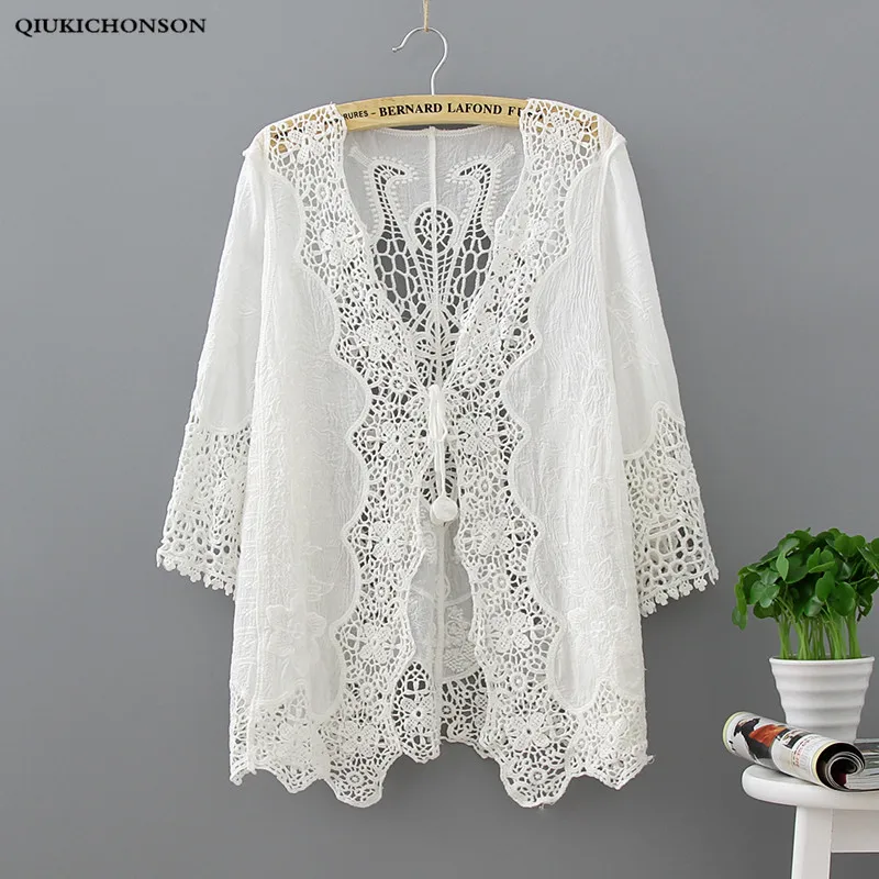 

Qiukichonson White Lace Cardigan Women Bohemian Casual Ladies Sweet Hollow Out Peacock Flower Embroidery Lace Up Cardigan Tops