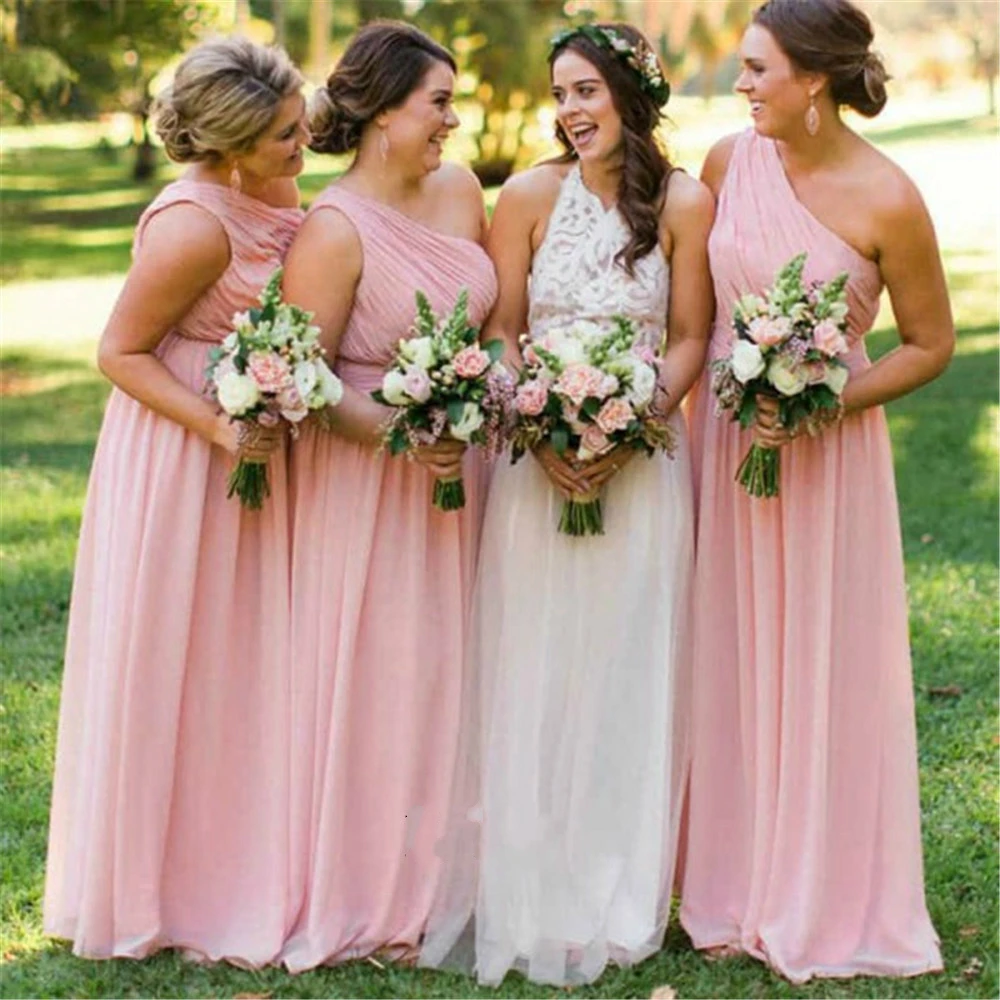 Шифоновое розовое платье подружки невесты длинное 2019 на одно плечо Дешевые