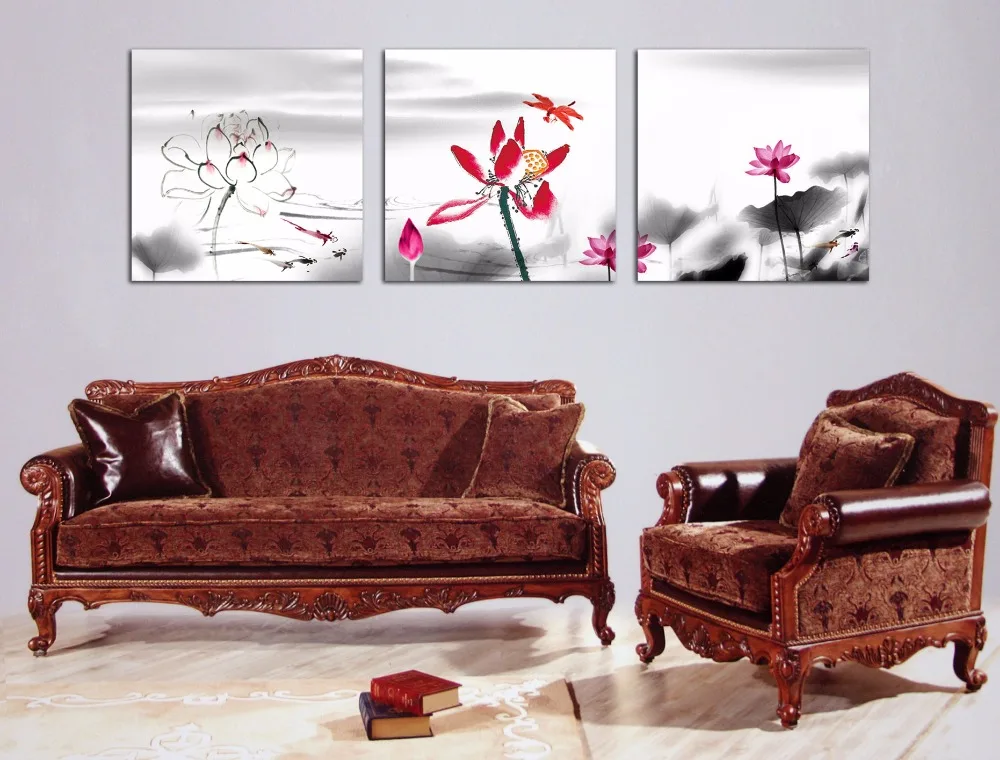 Комплект из 3 предметов Печать на холсте для дома с красными цветами лотоса и