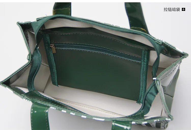 Green striped pvc waterproof shopping bag large capacity Bento bag women handbag