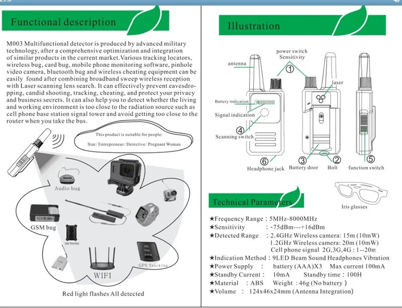 Высокочувствительный M003 RF детектор сигнала Ошибка Анти-Шпион детектор камера GSM аудио ошибка искатель gps Сканирование gps сигнал объектив сканирования очки