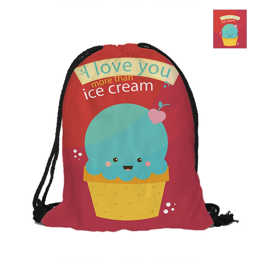 Ice Cream Printed Drawstring Backpack Double Sided Printing Polyester Pouch Backpacks For Travel And School Welcome Summer | Багаж и сумки