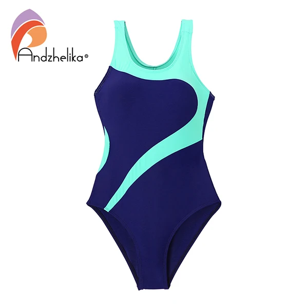 Light blue and blue Andzhelika/Детские слитные Костюмы купальный костюм для девочек, пляжный спортивный костюм, однотонный детский купальный костюм в стиле пэчворк монокини для девочек AK81774 - Цвет: Light blue and blue