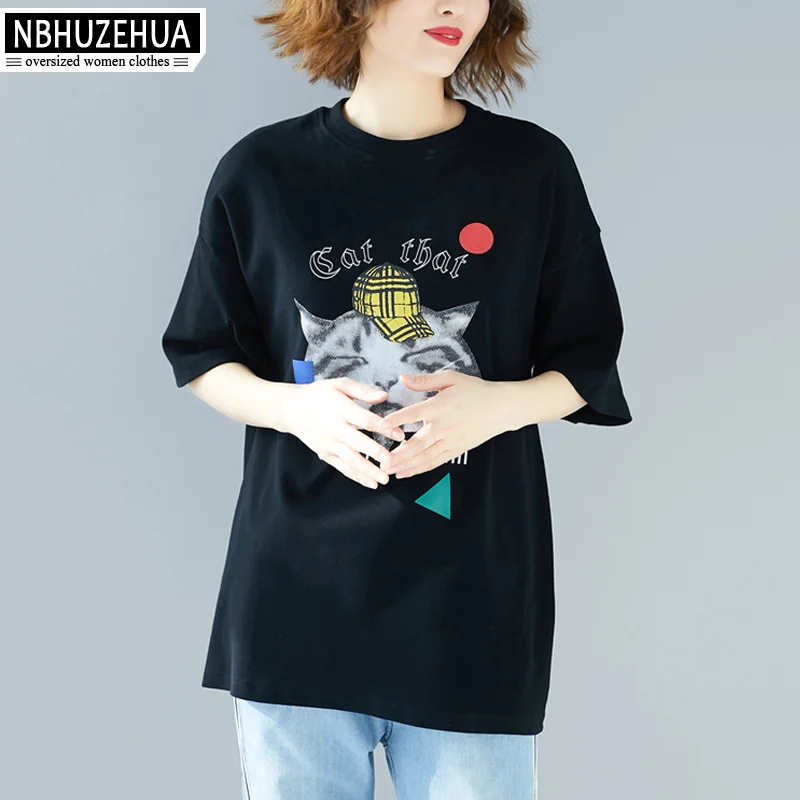 NBHUZEHUA Plus Size Summer T Shirts For Women Kawaii Cat Print Cute Tops O Neck Cotton Casual Shirt XL XXL XXXL 19-D192 | Женская одежда