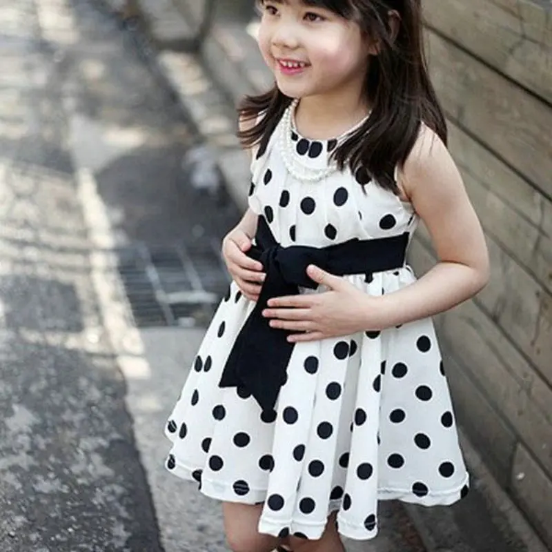 Summer New Kids Girls Dress Polka Dot Chiffon Sundress Ball Gown Toddler Tunic Bowknot Belt Children's | Детская одежда и