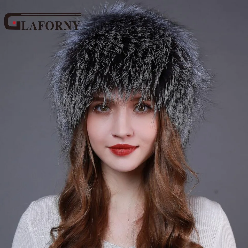 Glaforny Новое поступление вязаные шапки из меха серебристой лисы женские зимние