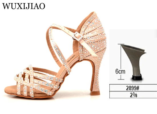 Skin heel 6cm WUXIJIAO/женские вечерние туфли для сальсы и бальных танцев; туфли для латинских танцев; большие и маленькие стразы; блестящая кожа; черный атлас; Каблук 9 см - Цвет: Skin heel 6cm