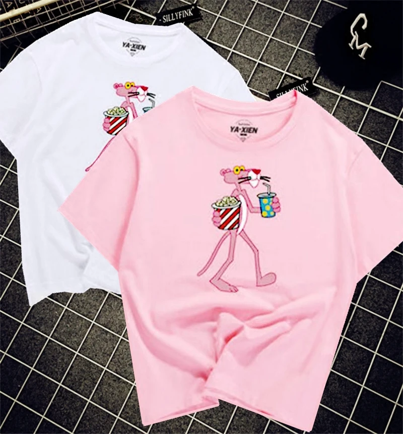 Питьевой Розовая пантера Топ из хлопка harajuku футболка Женская off white tumblr Летняя