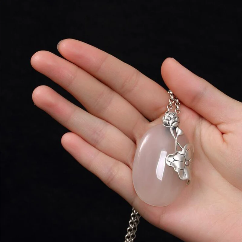 Женский кулон в виде листа лотоса из белого халцедона ожерелье серебра 2019 пробы с