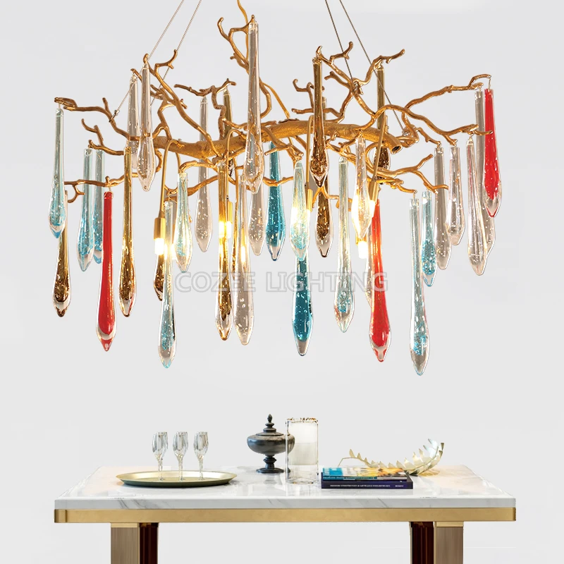 Современные медные люстры цветные стеклянные капли люстра освещение для дома