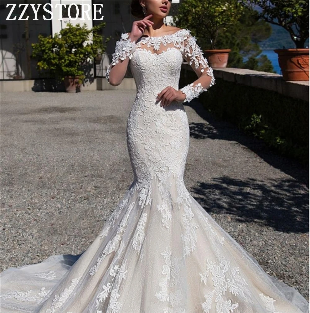 

Luxury Mermaid Appliques Flowers Tulle And Organza wedding dresses scoop Long Sleeves Court Train Mermaid Vestido De Novia Corto