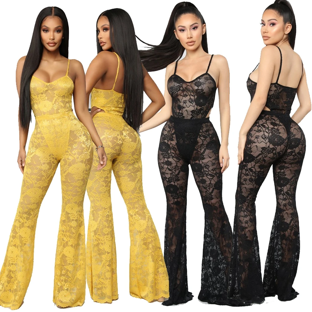 

2pcs Full Lace Sexy Women Spaghetti Strap Bodysuit+ High Waist Elastic Flare Pants Set