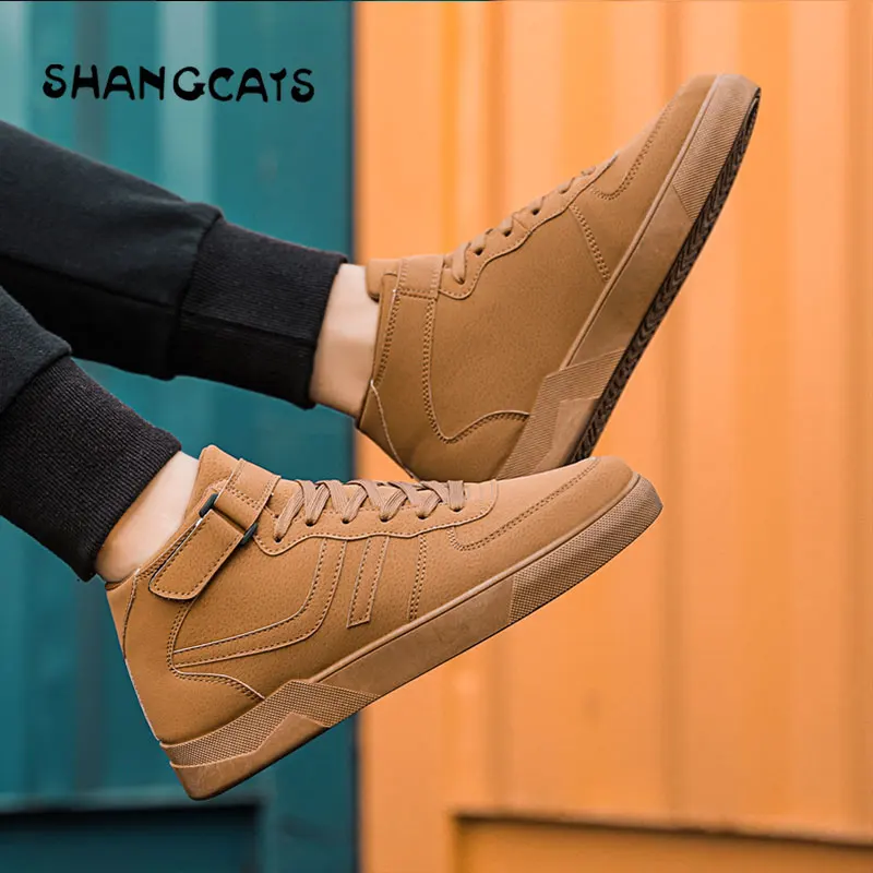 Высокие мужские туфли с вулканизированной подошвой однотонная мужская зимняя