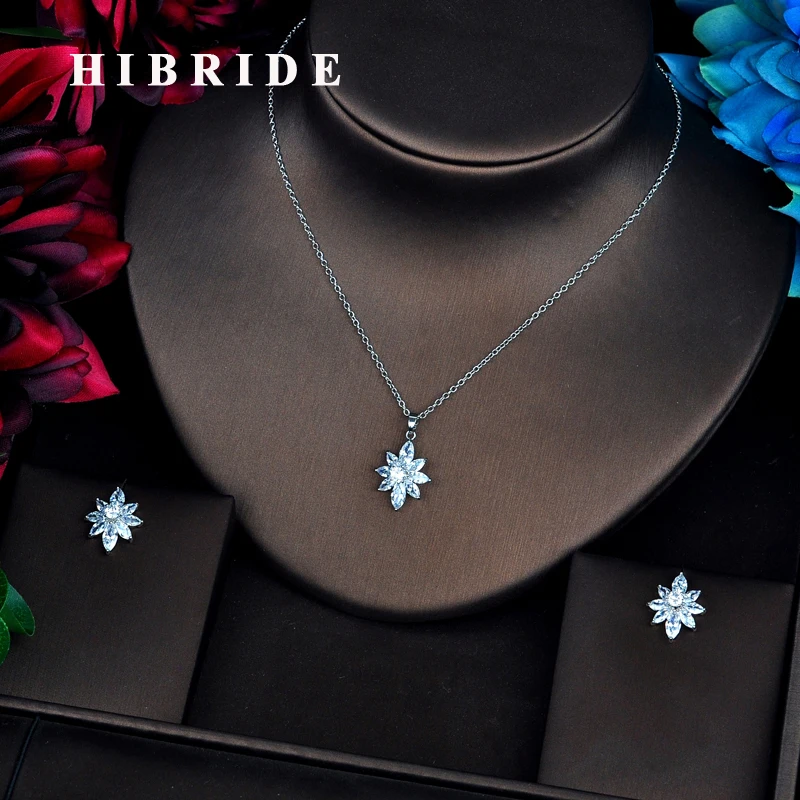 

HIBRIDE Luxury Flower Pendant Clear Cubic Zircon Wedding Women Bridal Jewelry Sets Link Necklace Sets Dress Accessories N-537