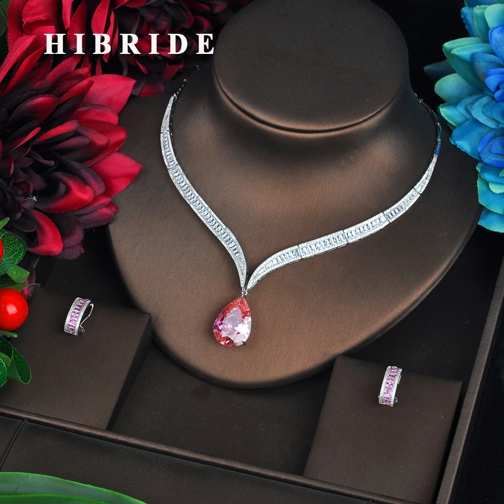 

HIBRIDE Big Pink Water Drop Cubic Zircon Stone Jewelry Sets Necklace Sets Women Wedding Bride Dress Accessories Party Show N-565