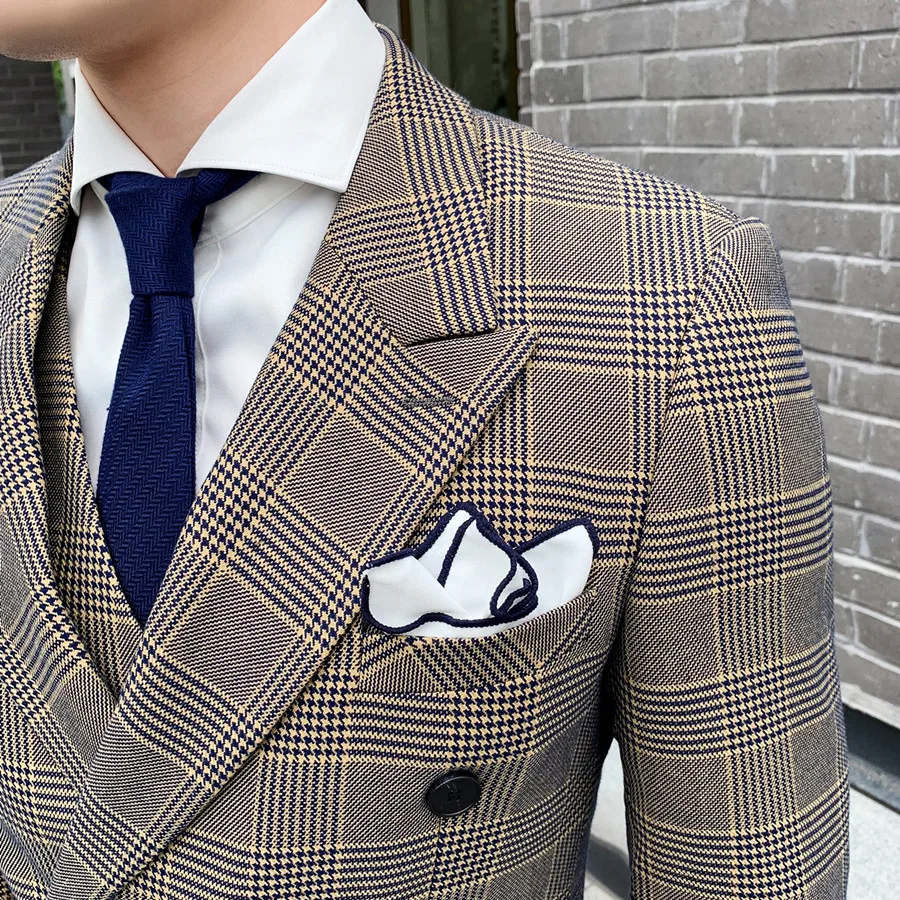 Хаки светильник синий Клетчатый костюм для Для мужчин Slim Fit s двубортный жениха