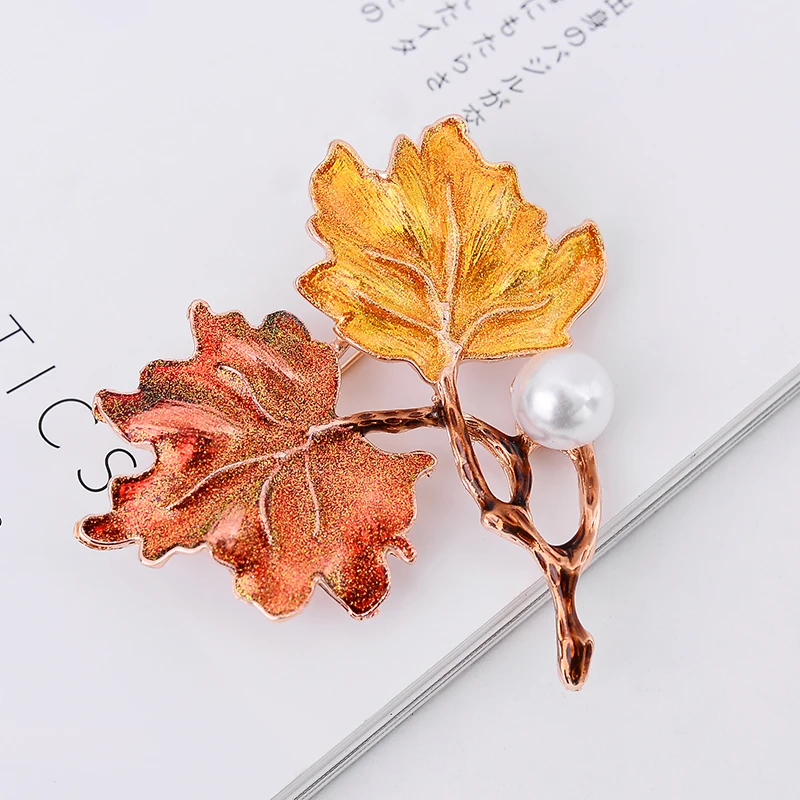 

LUBOV Color Painted Maple Leaves Design Metal Brooch Pin Imitation Pearl Decoration Gold Color Brooches Pins Women Party Jewelry