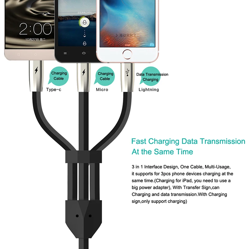 TOTU 3 в 1 для мобильного телефона Android USB кабель для iPhone X 8 7 6 быстрая зарядка зарядное устройство Micro Usb линия type C USB кабель