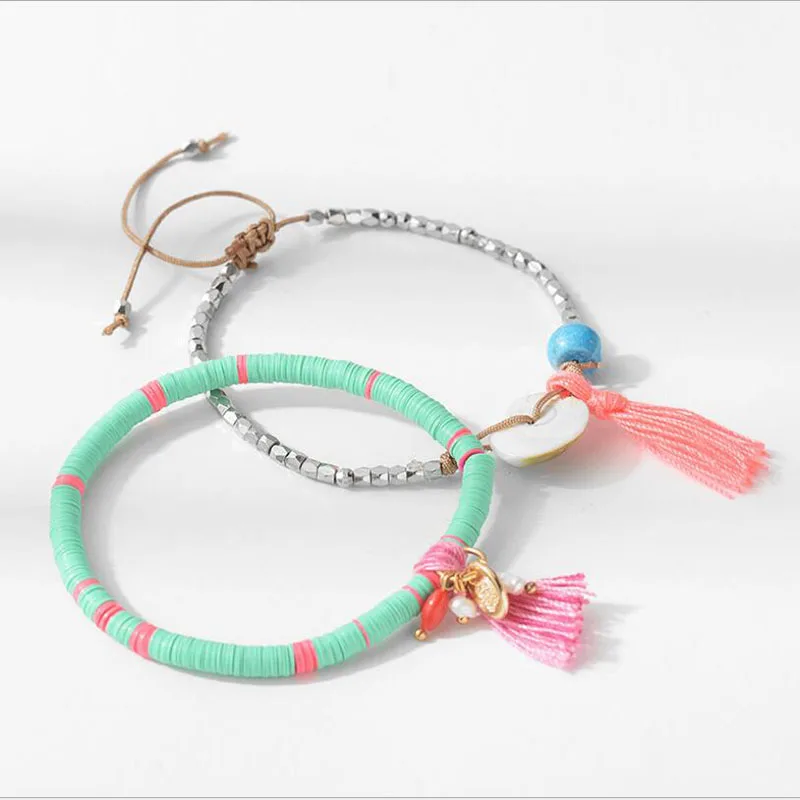 Amaiyllis 2 Pieces/Set Tassel Beads Round Coin Disc Charms Bracelet Bangle For Women Gift Bohemia Strand | Украшения и аксессуары