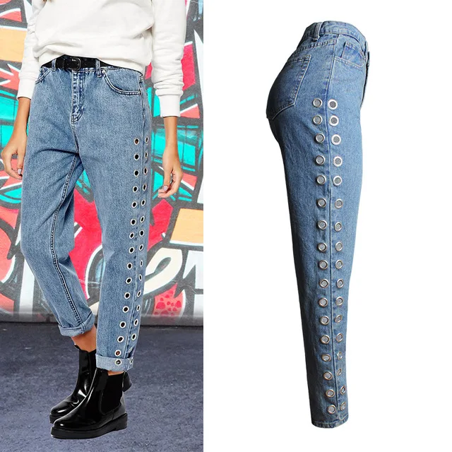 

Women's Street style hole beading jeans New Europe and America BF style High Waist Rivets Cutout Metallic Eyes Jeans wq2004