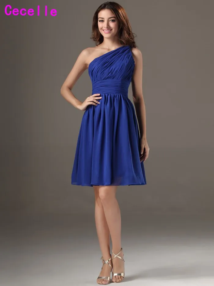 Одно плечо Royal Blue Короткие Подружкам невесты с Бретели для нижнего белья складки