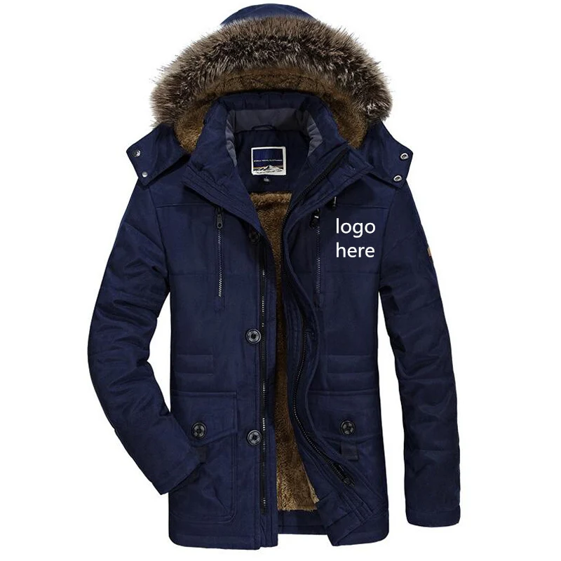 Navy Blue Зимняя парка на заказ, мужская повседневная модная куртка на молнии с меховым воротником, ветровки с капюшоном, флисовые куртки, пальто для улицы, Прямая поставка - Цвет: Navy Blue