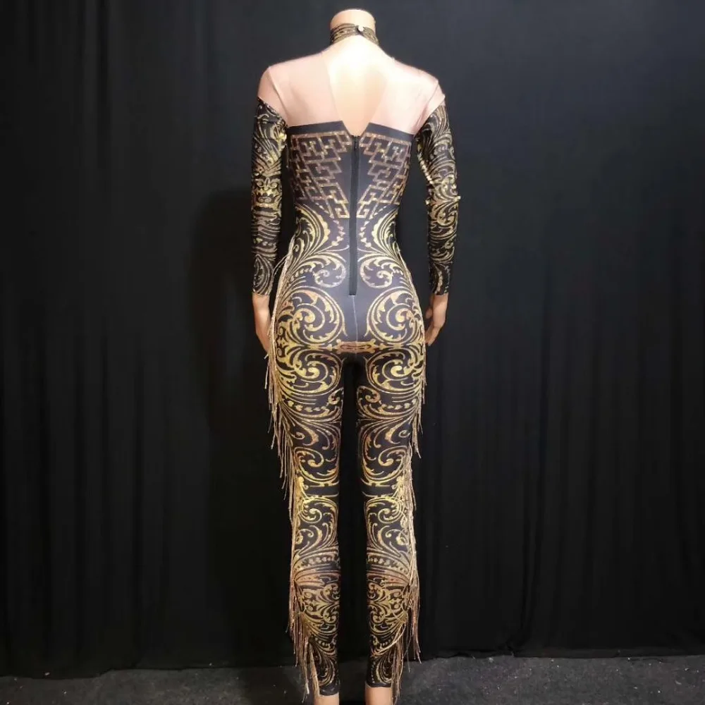 

New Bodysuit DJ Costume Printed Stretch Jumpsuit Stage Outfit Singer Dancer Performance Rompers Rhinestones One Piece DJ1006
