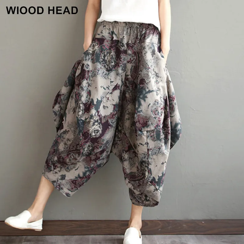 Для женщин Винтаж брюки 2019 новый летний из хлопка и льна с эластичной резинкой на