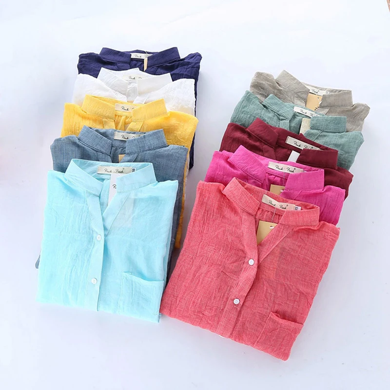 Женская блузка рубашка Прозрачная Тонкая 3/4 рукав свободный хлопок и лен Блузки