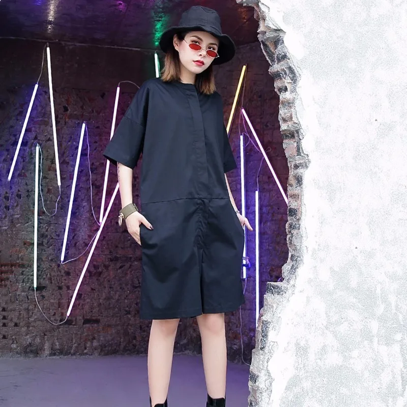 VGH Summer Black Trousers For Women Playsuits Short Sleeve Loose Casual High Waist Women's Clothes Fashion Tide New | Женская одежда