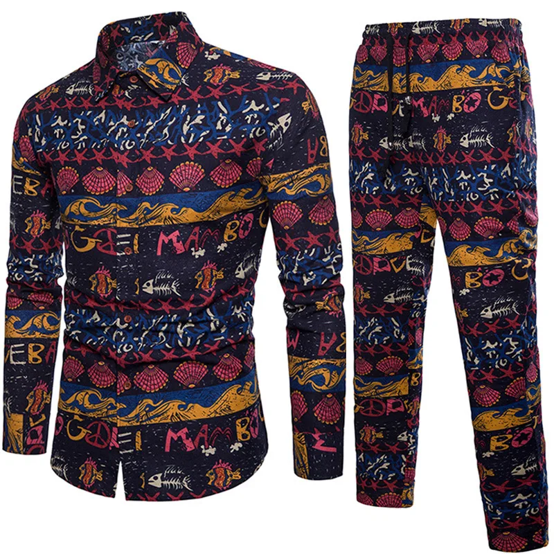 FDWERYNH модный мужской комплект с цветочным принтом длинные штаны повседневные 2018