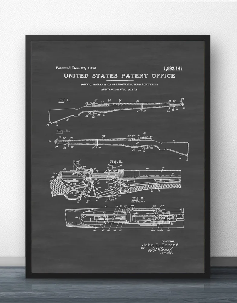 M1 Garand винтовка патент 1932 схема настенное искусство украшение холст