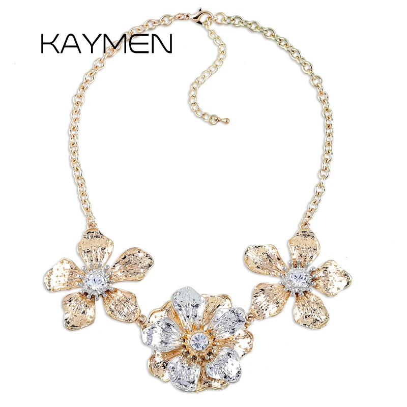 

KAYMEN Fashion Metal Flowers Statement Chunky Necklace for Women Gold Plating with Rhinestones Choker Pendant Costume Jewelry