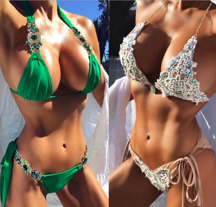 Sexy Women Brazilian swimsuit bikini set Green Yellow Summer Ladies Bandage Diamond Monokini Bathing Suit Swimwear Beachwear | Женская