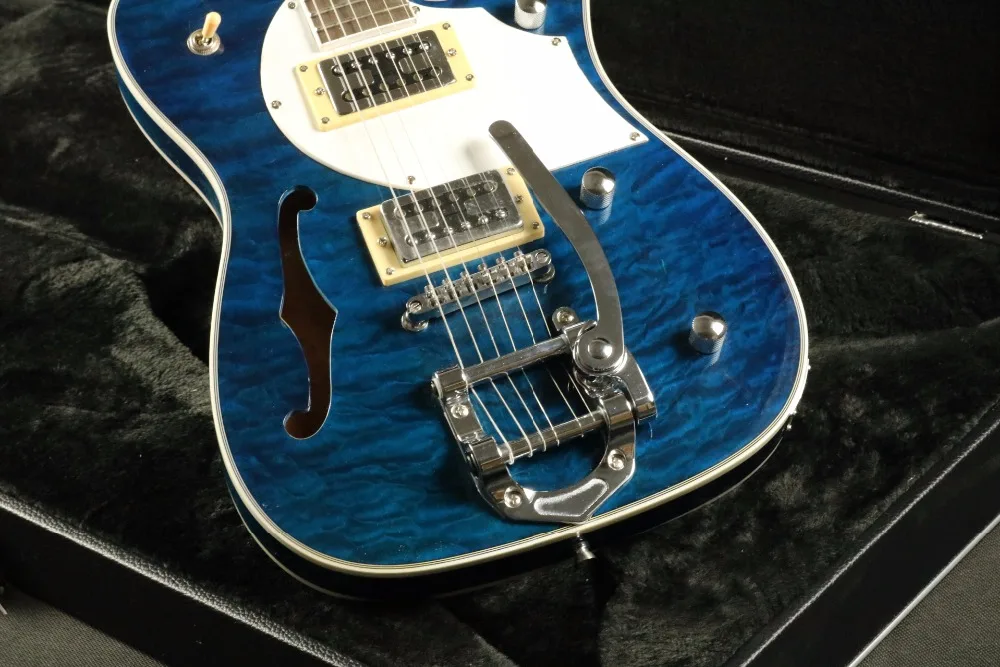 Стеганый клен Топ Полу полый корпус электрогитары T-01 Abalone инкрустация Bigsby мост синий теле