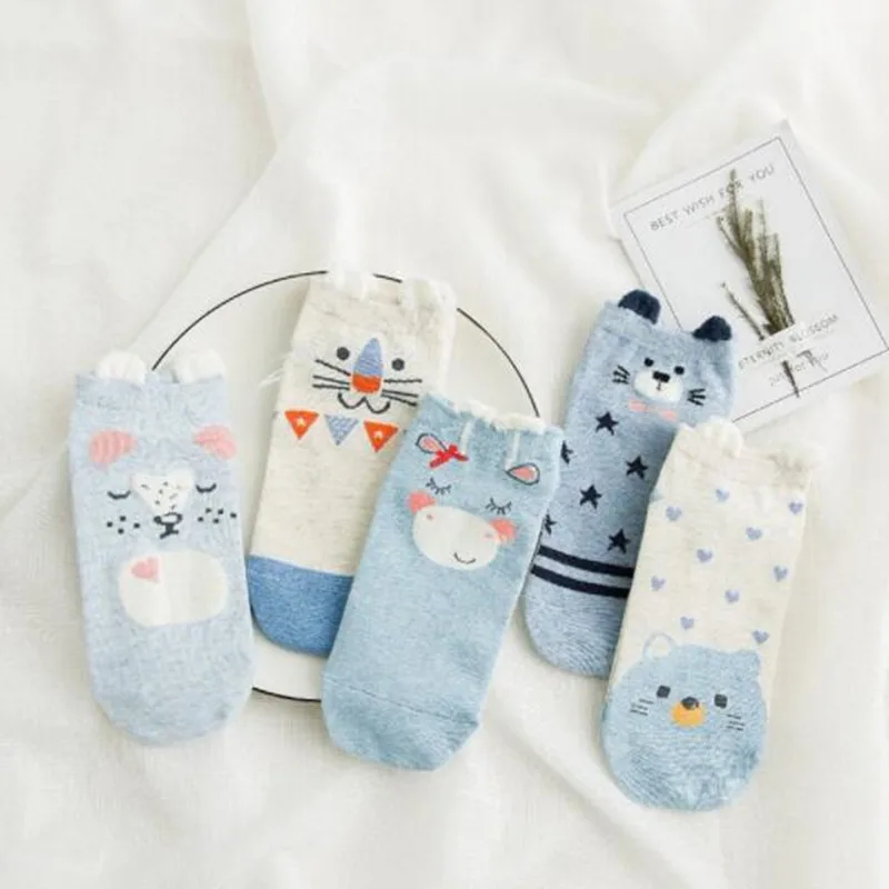 Женские хлопковые носки розовые милые короткие носки с котом короткие носки повседневные носки с ушками животных и красными сердечками, носки для девочек, 5 пар, Размеры 35-40
