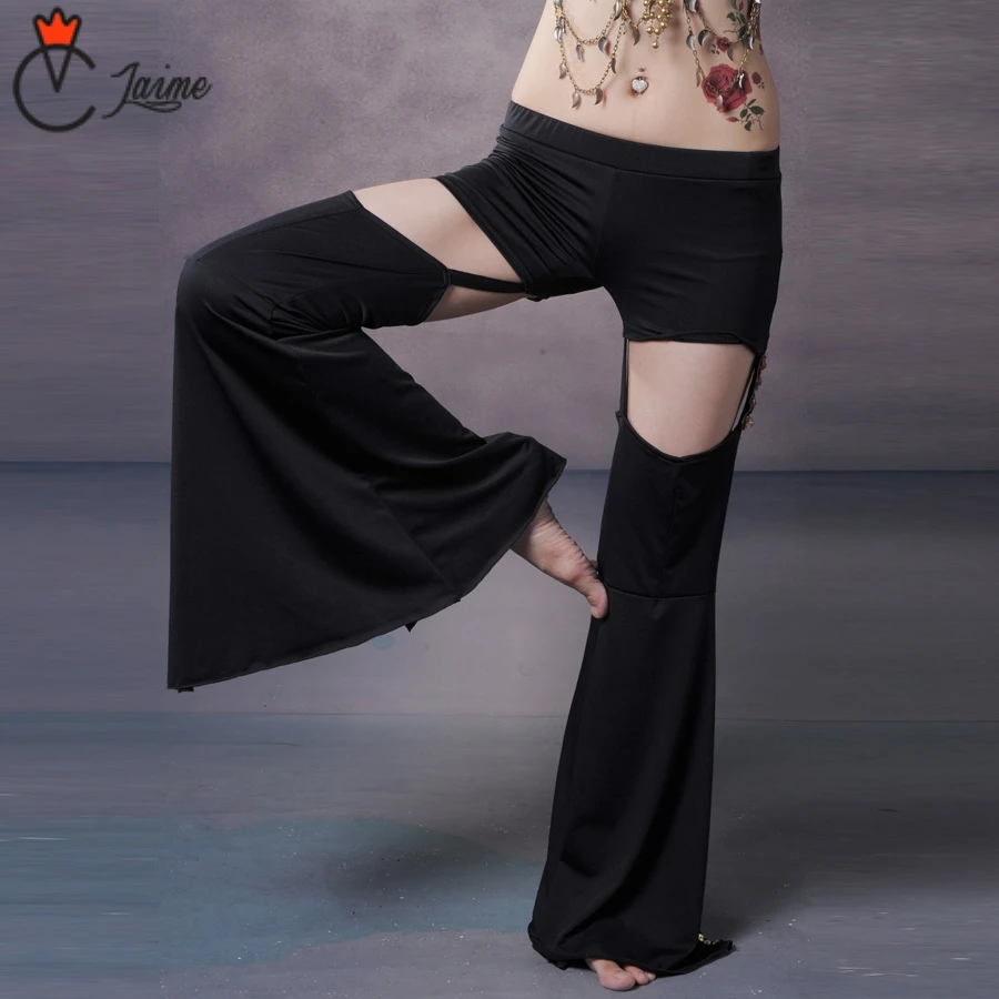 

Sexy New Tribal Belly Dance Pants Black Practice Pants Elastic Waist with Hole Inseparable High Waisted Flare Pants Women