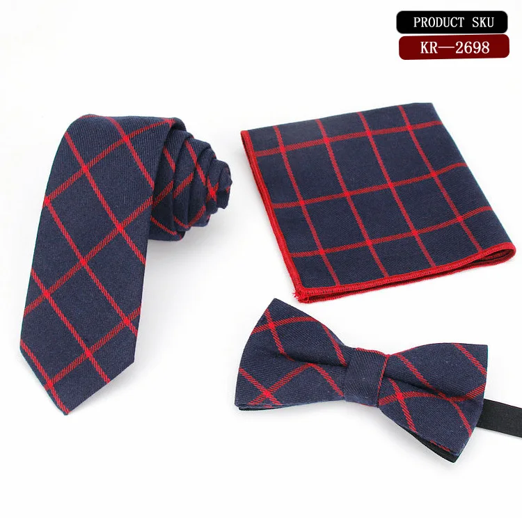 

Mens 100% Cotton Grid Necktie Handkerchief Bow Tie Set Blue Red Grid Fit Bussiess Party
