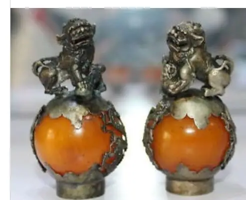 Пара старых тибетских серебряных ручной резки желтого нефрита дракона Феникса