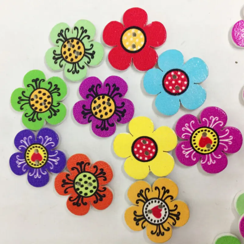 100Pcs Popular Flower Shaped Buttons Home Decoration Crafts Wooden Scrapbooking 2 Holes Mixed Wood Sewing | Дом и сад