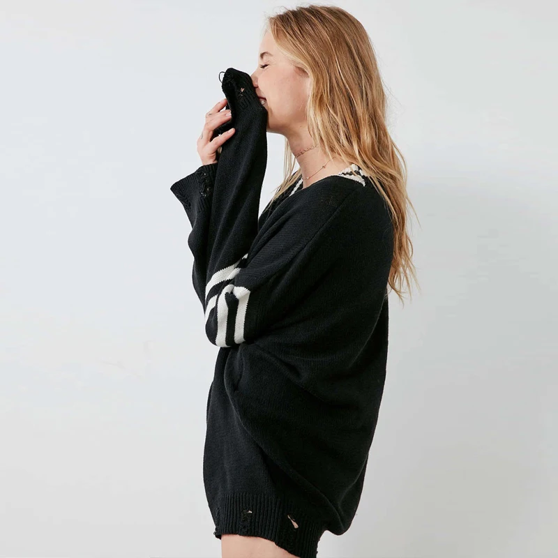 Одежда черно-белый цвет блок Свитеры для женщин Для глубокий v-образным вырезом