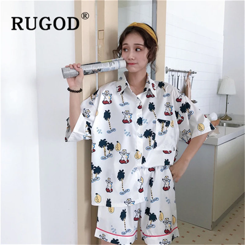 RUGOD/Повседневная Женская одежда для сна из 2 предметов Харадзюку С мультяшным принтом, домашняя пижама большого размера Женская Корейская летняя одежда для сна femme